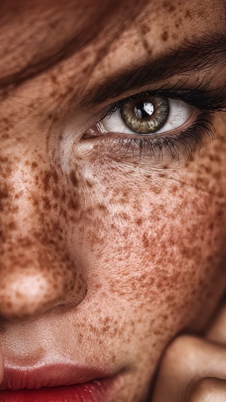 Primo piano di una giovane donna che mostra lentiggini marcate e accattivanti occhi verdi, enfatizzando la bellezza naturale e la texture nei tratti facciali espressivi.
