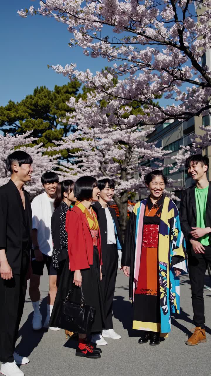 Un gruppo vivace in abiti colorati sotto i ciliegi in fiore, ripreso da un'angolazione bassa.