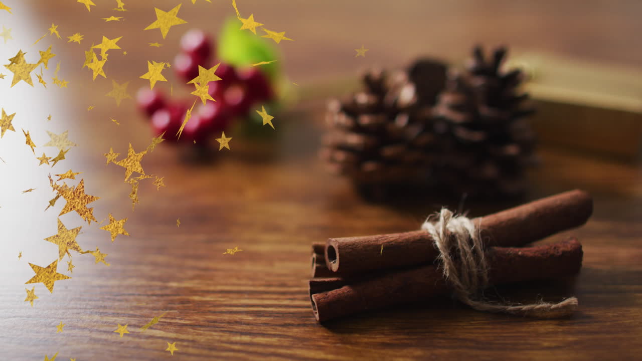 Animação de estrelas de Natal sobre pinhas