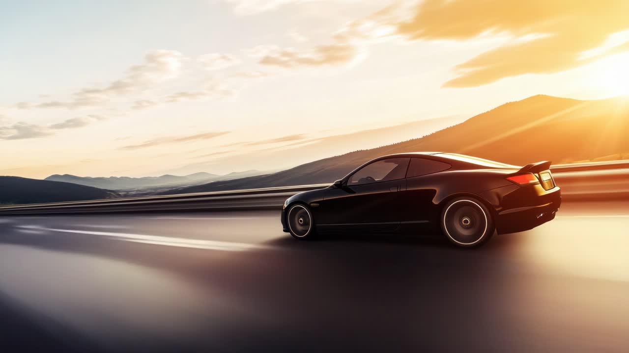 Dynamic side view of a sleek black car speeding on a highway at sunset, captured in a cinematic