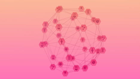 data processing animation of interconnected icons and nodes over gradient background