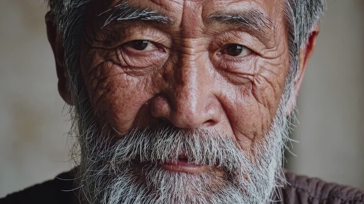 Close-up video portrait of an elderly man with a weathered face, capturing deep emotions