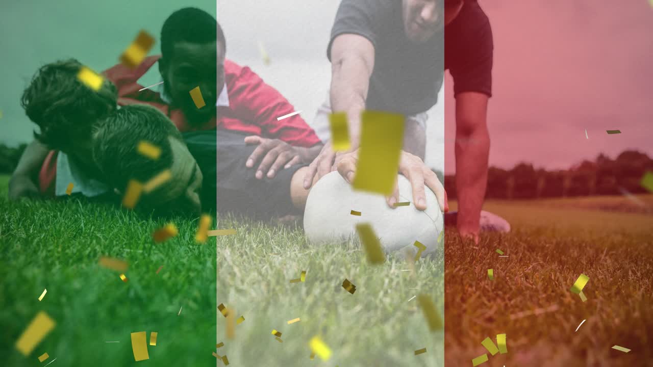 animación de la bandera de italia y confeti sobre varios jugadores de rugby masculinos que juegan en el estadio