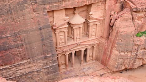 view from above, stunning view of al-khazneh (the treasury) one of the most elaborate temples in petra, a city of the nabatean kingdom, jordan