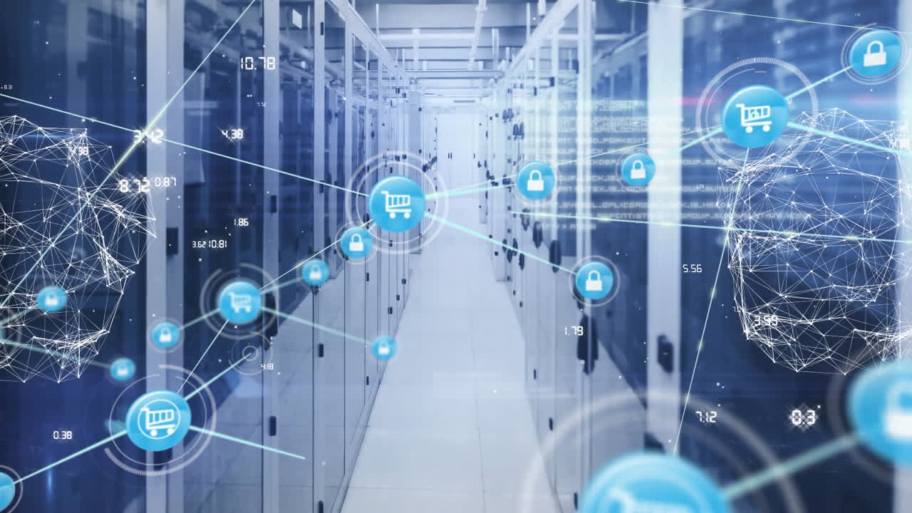 디지털 아이콘의 네트워크의 애니메이션, 컴퓨터 서버 방에 대한 연결의 네트워크의 세계