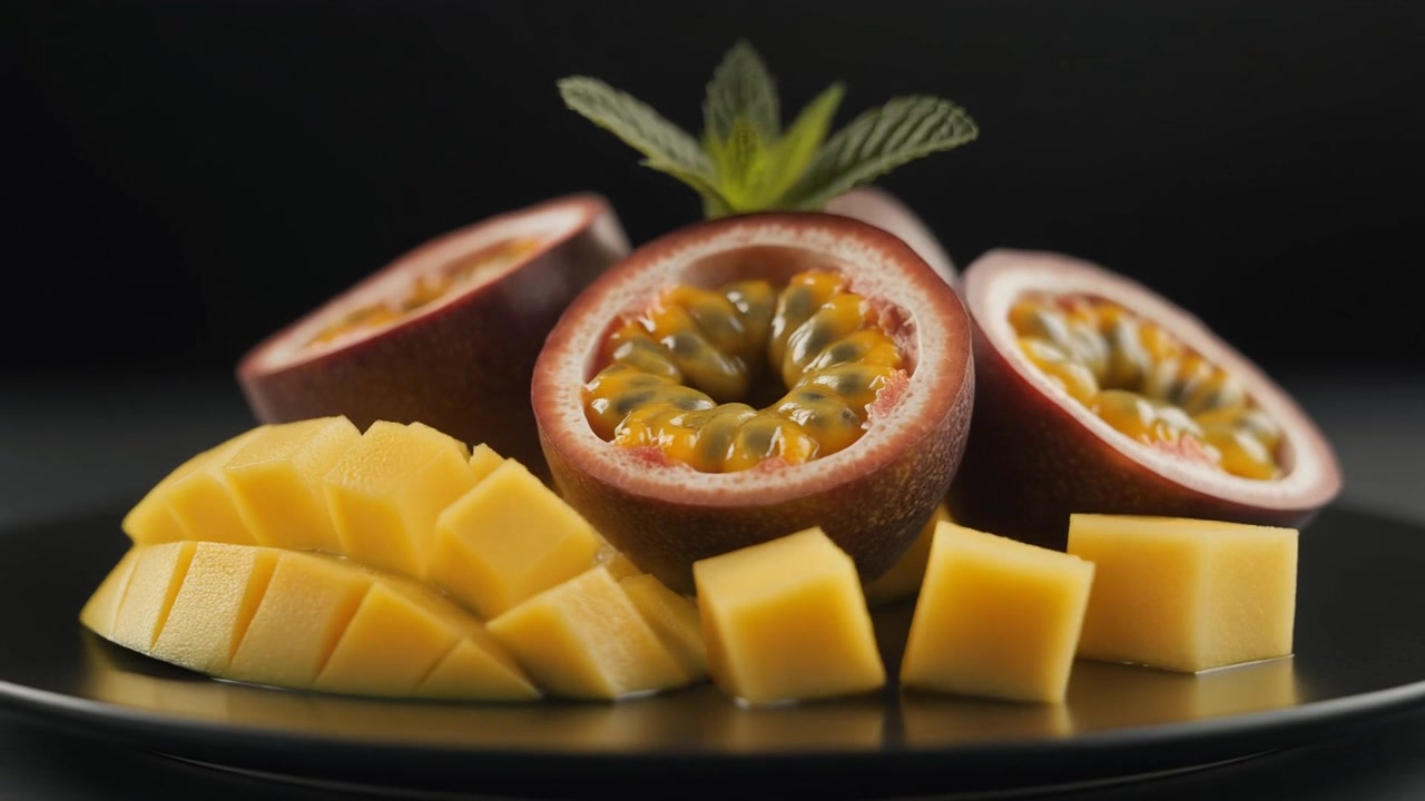 Frutto della passione fresco e mango a cubetti su un piatto nero