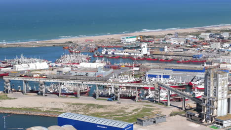 vista aérea de un bullicioso puerto pesquero de mar del plata con barcos y una animada escena costera, argentina.