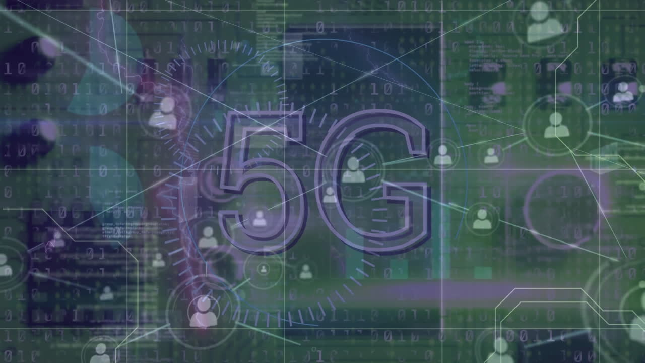 animación de texto 5g y círculos sobre iconos conectados contra la vista aérea de la placa base