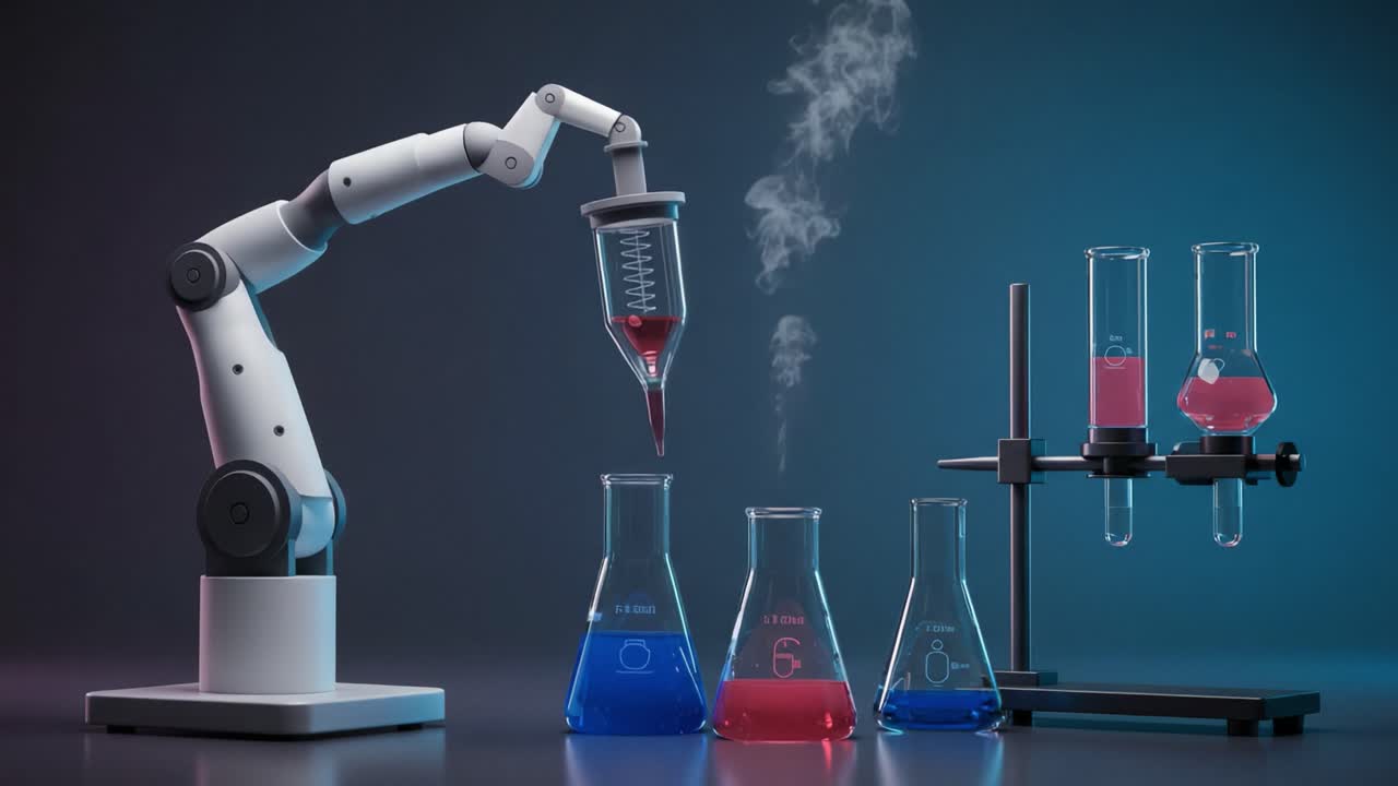 Un braccio robotico avanzato che conduce esperimenti con liquidi colorati: Uno sguardo all'automazione di laboratorio moderna che mette in mostra chimica e innovazione
