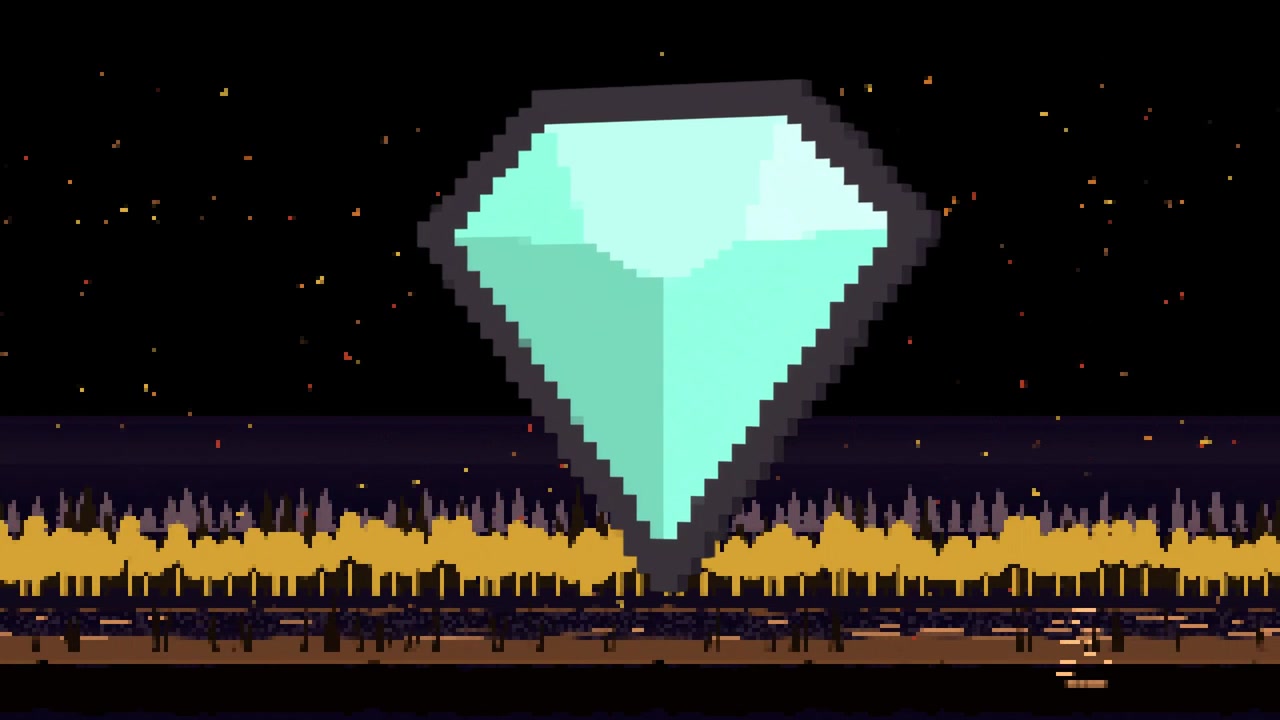 Sottile frammento che emerge dal terreno, cristallo color verde acqua che si forma e si ingrandisce per dominare una scena notturna in pixel art.