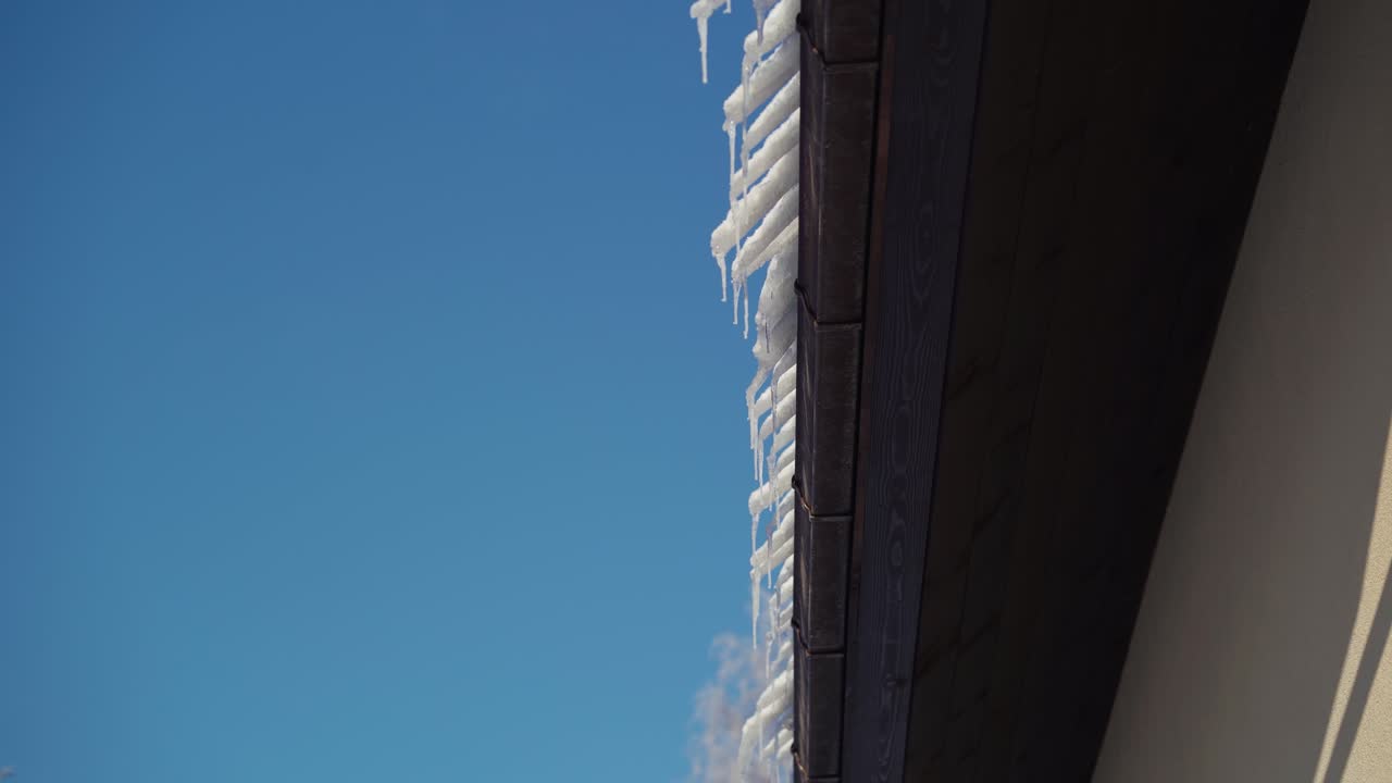 Icicles hanging from roof edge on a clear winter day with blue sky background. Frozen snow sliding off a house roof.