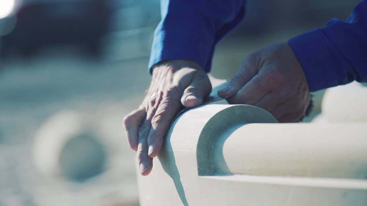 The hands of the master polish the stone with sandpaper. Blowing off dust with a brush from a decorative item. Stone products at the factory