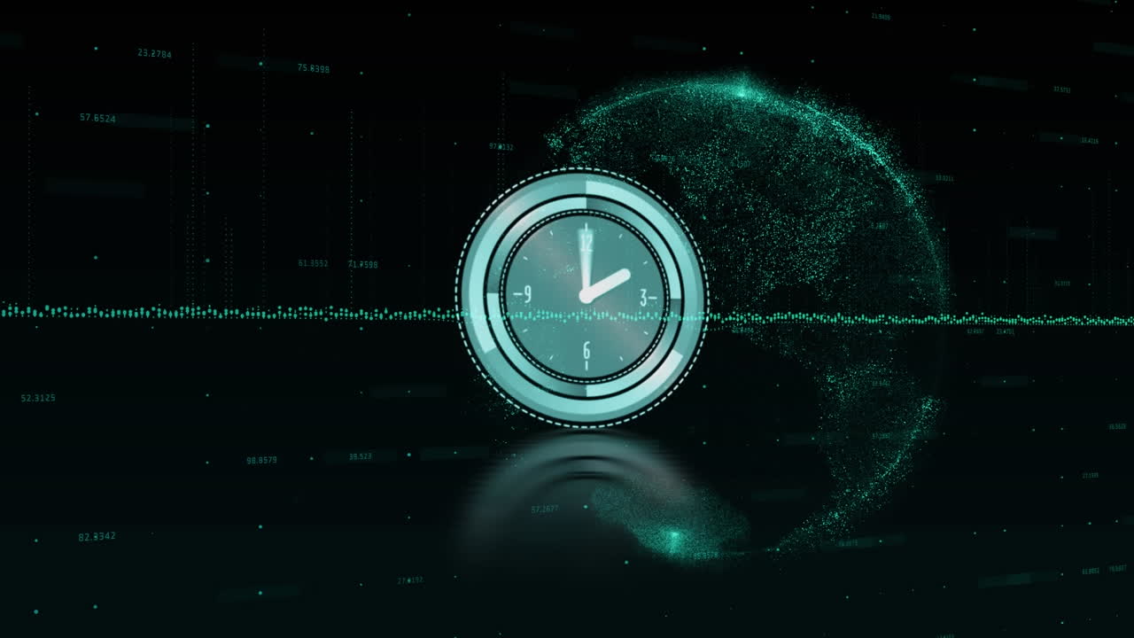 Animation of clock with turning hands over globe with network of connections on black background