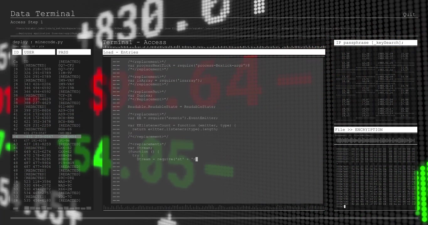 Numerisk feed animeres, noe som får dataterminalen til å falme, med IP-konsollogg og kode som ruller.