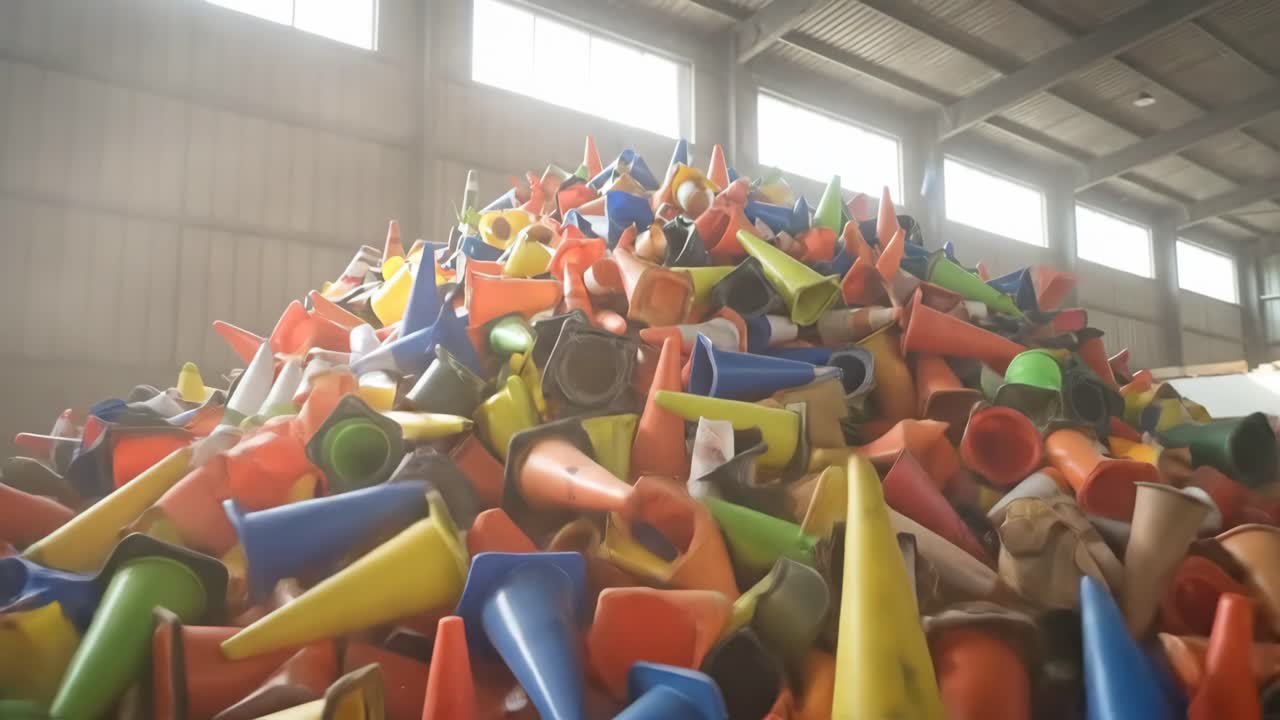 Colorful Traffic Cones Falling into a Large Pile in a Warehouse