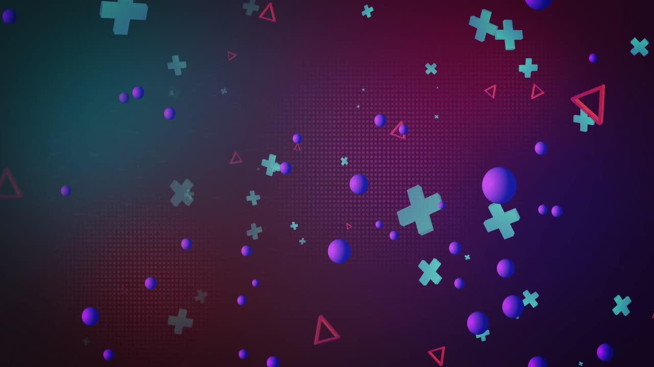 Animation of colourful shapes floating on dark background