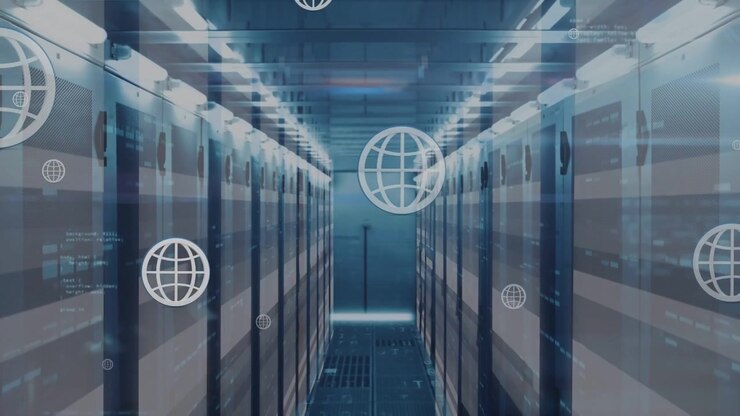 Digital Data Center Server Room with Floating Network Icons