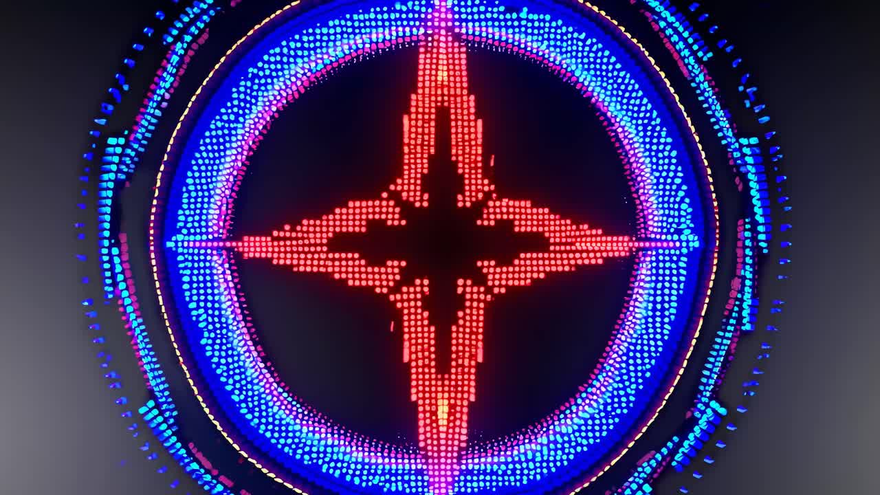 Top-down view of a vibrant, abstract digital pattern with glowing blue and red dots