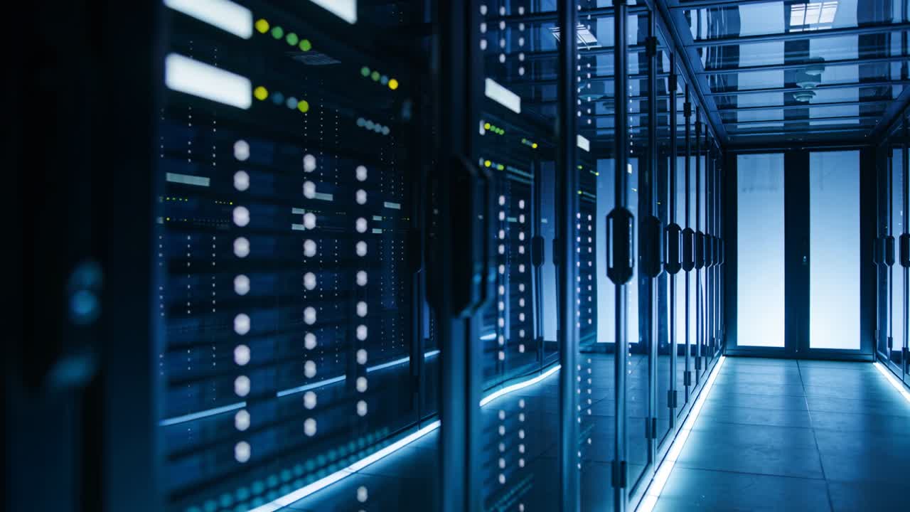 Video verticale: Carrellata che segue rack con frontale in vetro lungo il corridoio dei server fino a porte smerigliate.
