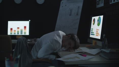 un hombre de negocios cansado durmiendo en la mesa de trabajo.