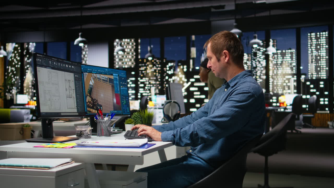 Professional worker in creative office uses CAD software and blueprints plan