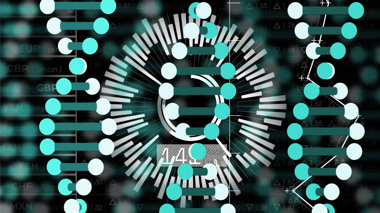 Animation with abstract circles and lines overlaying financial data background