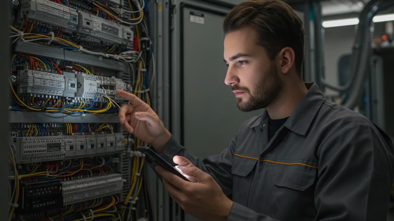 A technician examines electrical wiring with a smartphone, ensuring everything is functioning properly in a well-equipped control panel environment.