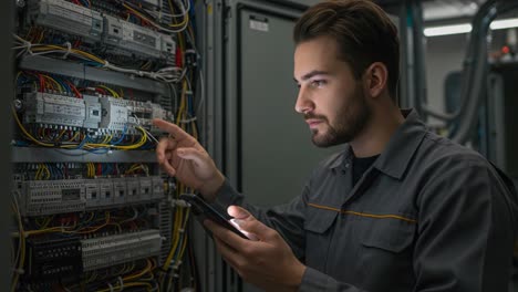 a technician examines electrical wiring with a smartphone, ensuring everything is functioning properly in a well-equipped control panel environment.