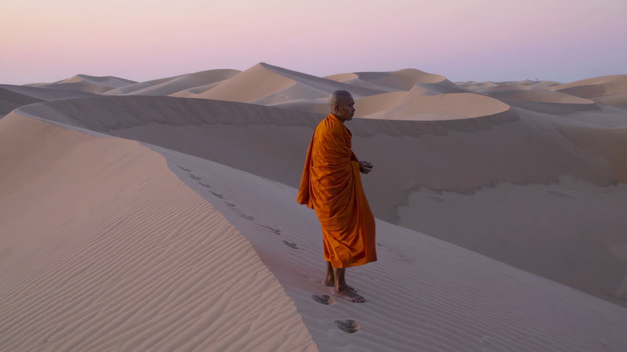 monje en el desierto al amanecer o al atardecer