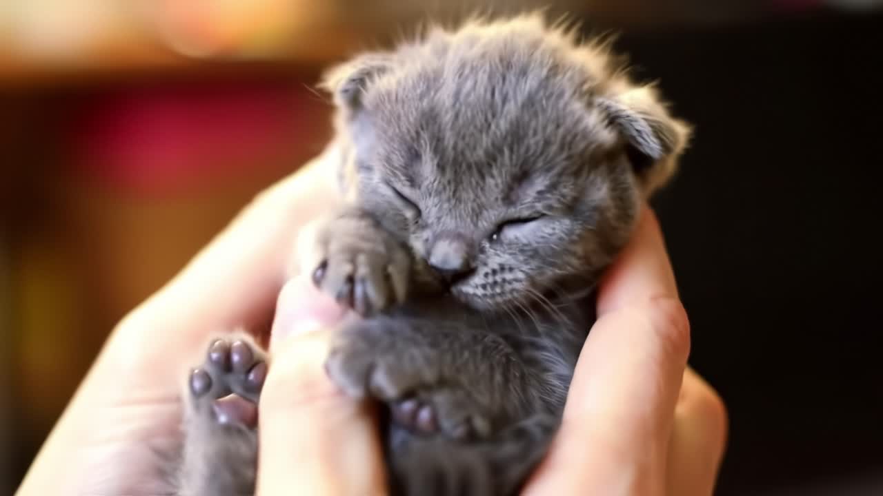 Adorable Gray Kitten Being Held by Gentle Hands, Expressing Sweet Curiosity and Playfulness in a Cozy Indoor Setting