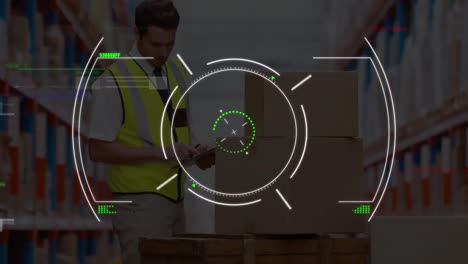 animation of financial data processing and scope over caucasian man working in warehouse