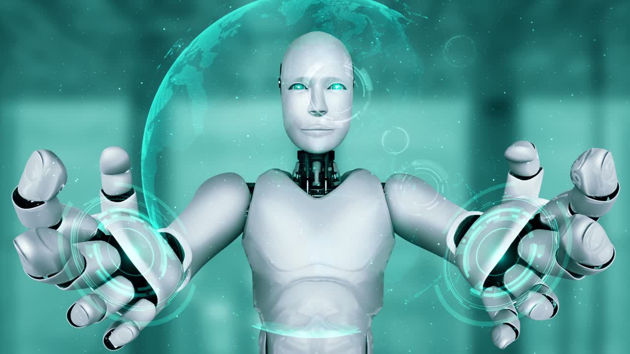 un robot hominoide con una pantalla de holograma virtual que muestra el concepto de big data