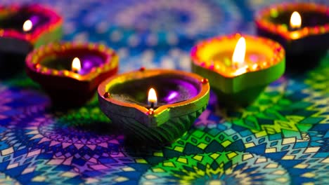 Video-De-Velas-Diwali-Encendidas-Sobre-Una-Superficie-Estampada-De-Color-Púrpura-A-Verde