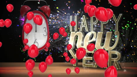 happy new year, balloons and alarm clock with confetti