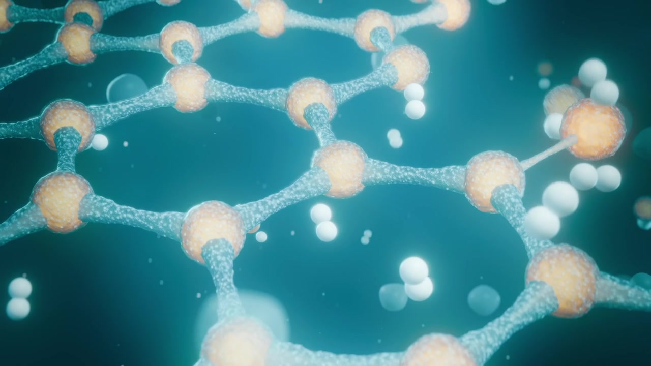 Moving camera bringing hexagonal lattice closer in teal medium, revealing glowing nodes