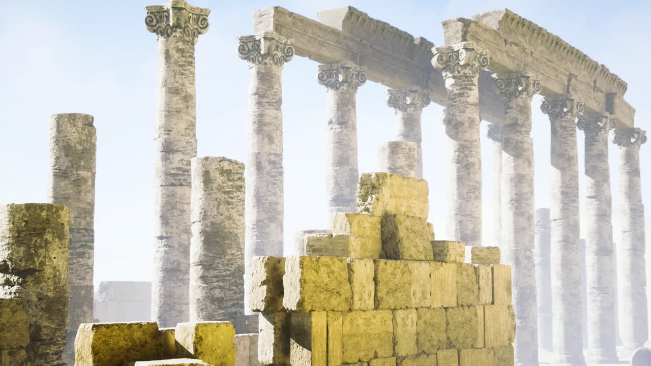 Ancient columns stand in a misty environment near historical ruins