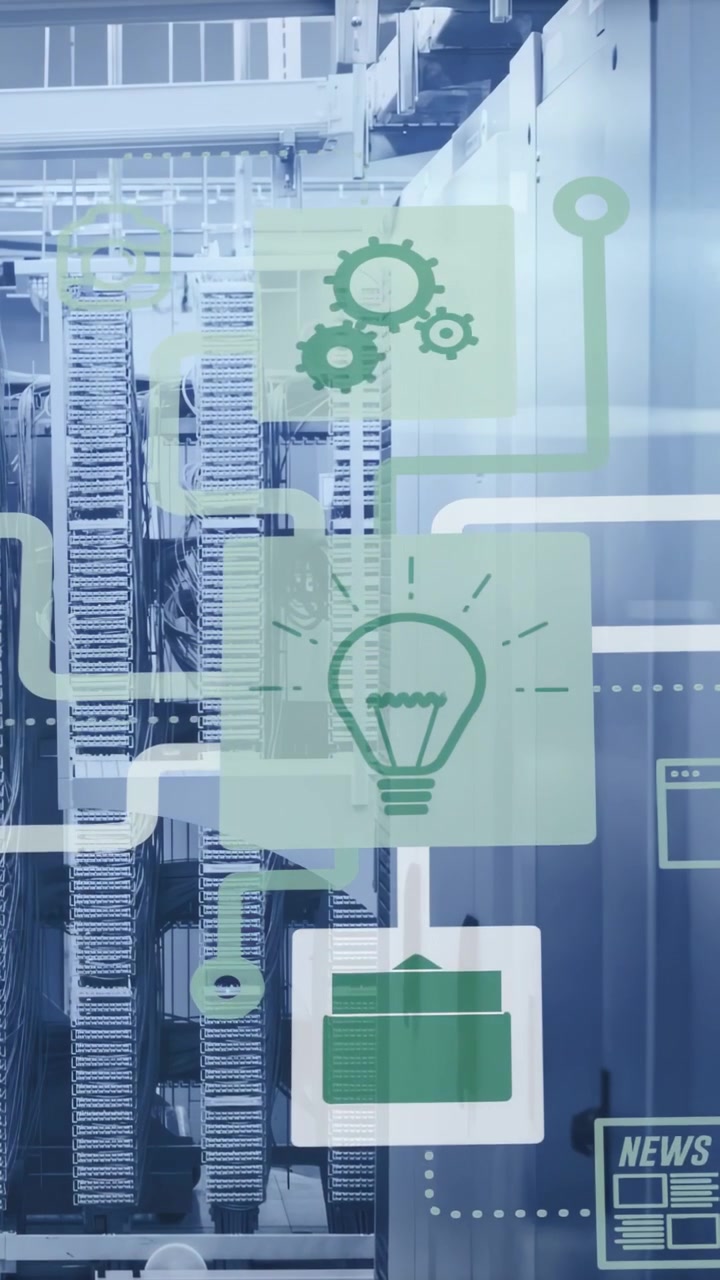 Vertikal video: Serverracks i datacenter overlejrer lyse noter, der popper op og forbinder ikoner, med kortlægning.