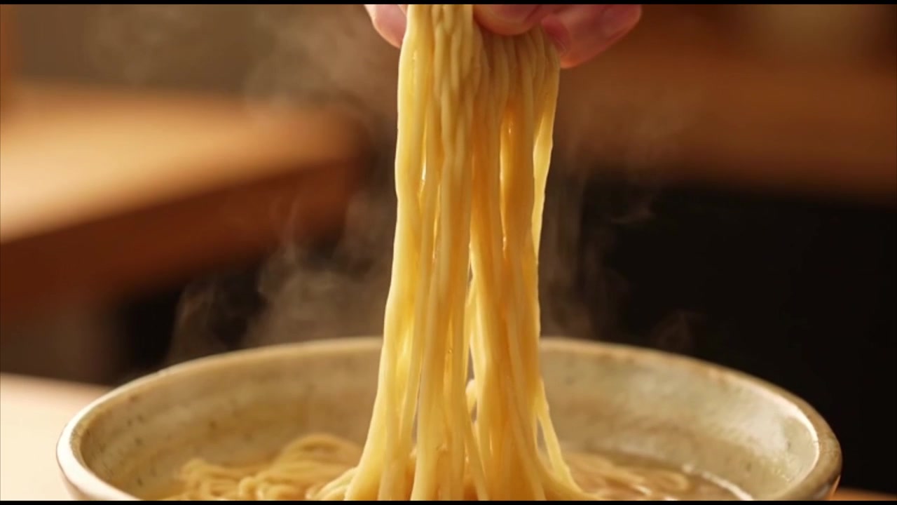 Mano che solleva noodles ramen fumanti da una ciotola