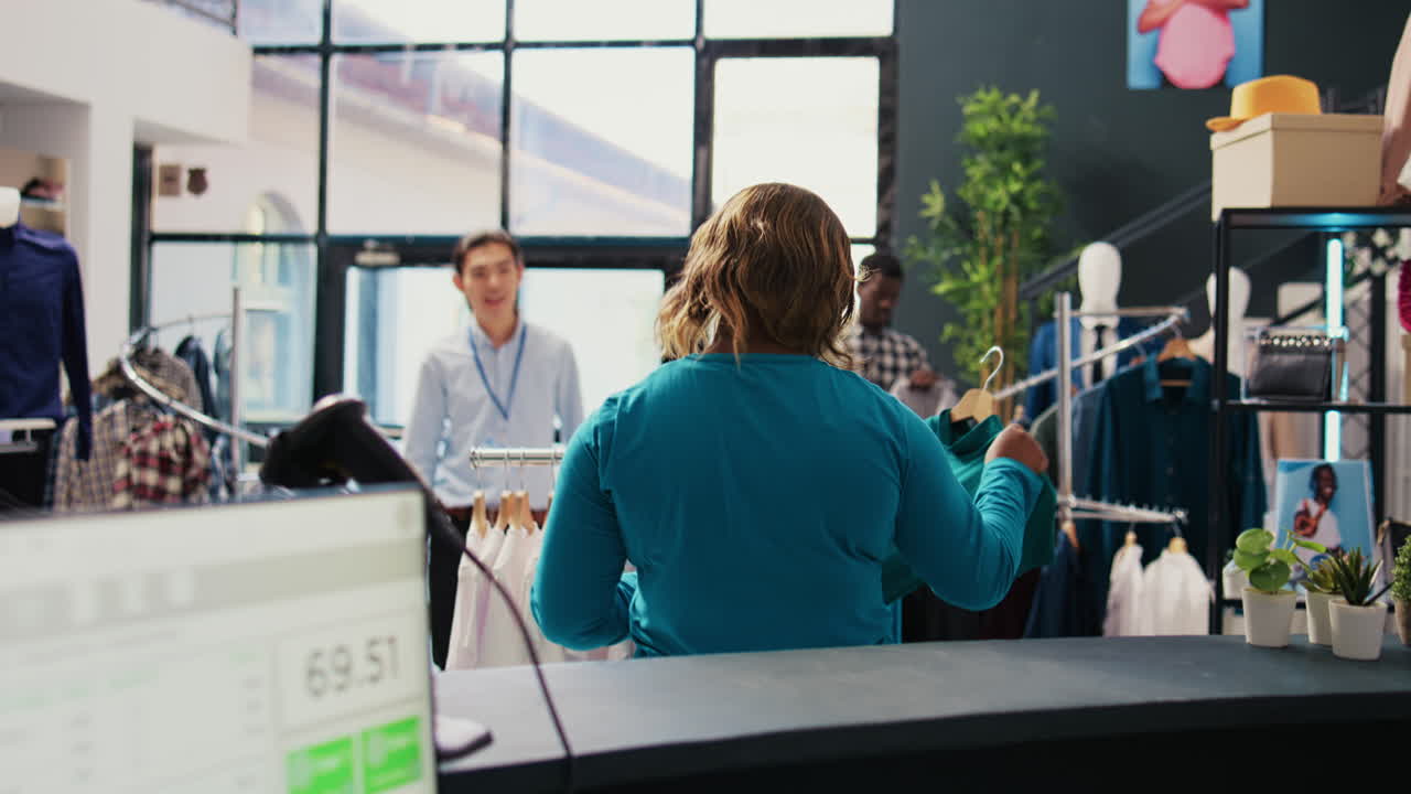 Arbejder hjælper kunde med at købe tøj