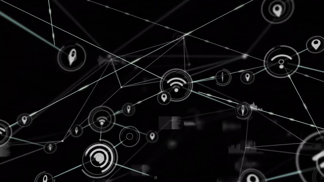 Animation af ikoner forbundet med linjer, graf og database, der bevæger sig på en sort baggrund.