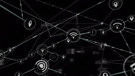 animation of icons connected with lines, graph and database moving on black background