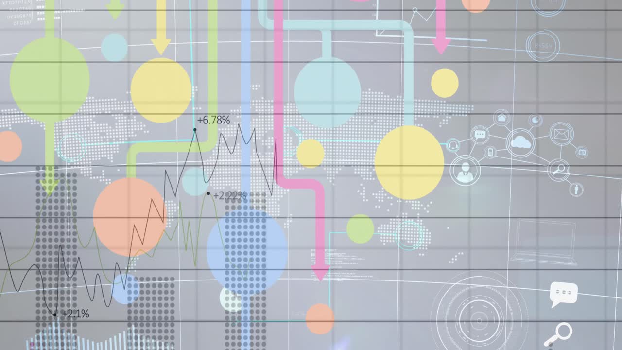 연결 네트워크의 애니메이션, 회색 배경의 세계 지도 위의 디지털 아이콘