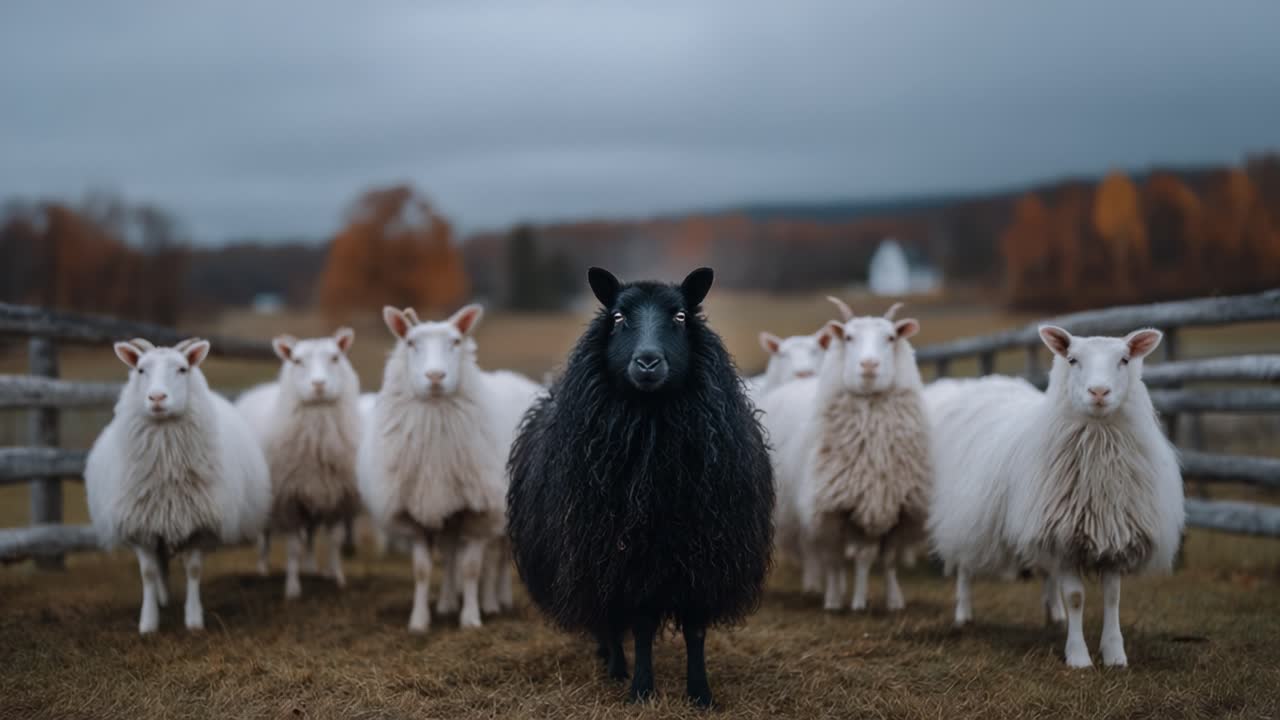 A striking visual of a solitary black sheep surrounded by a group of white sheep, highlighting themes of individuality and contrast in a pastoral setting against a cloudy sky