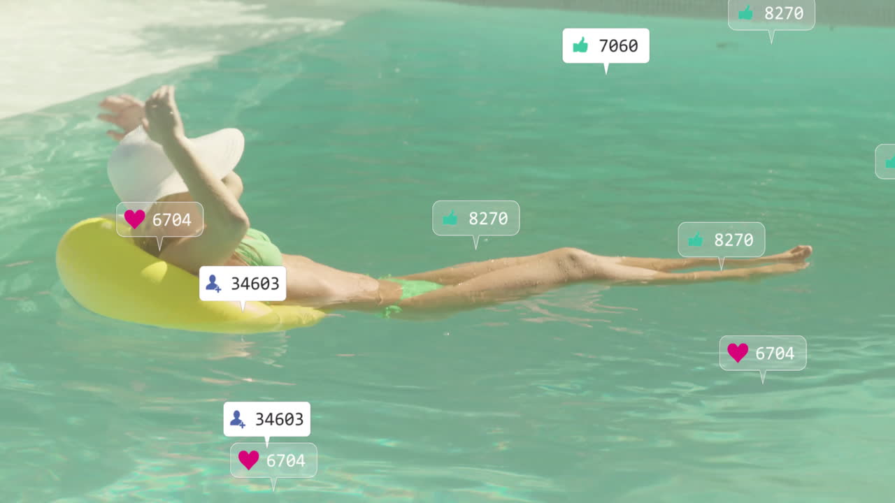 Relaxing on pool float, person with animation of social media likes and followers