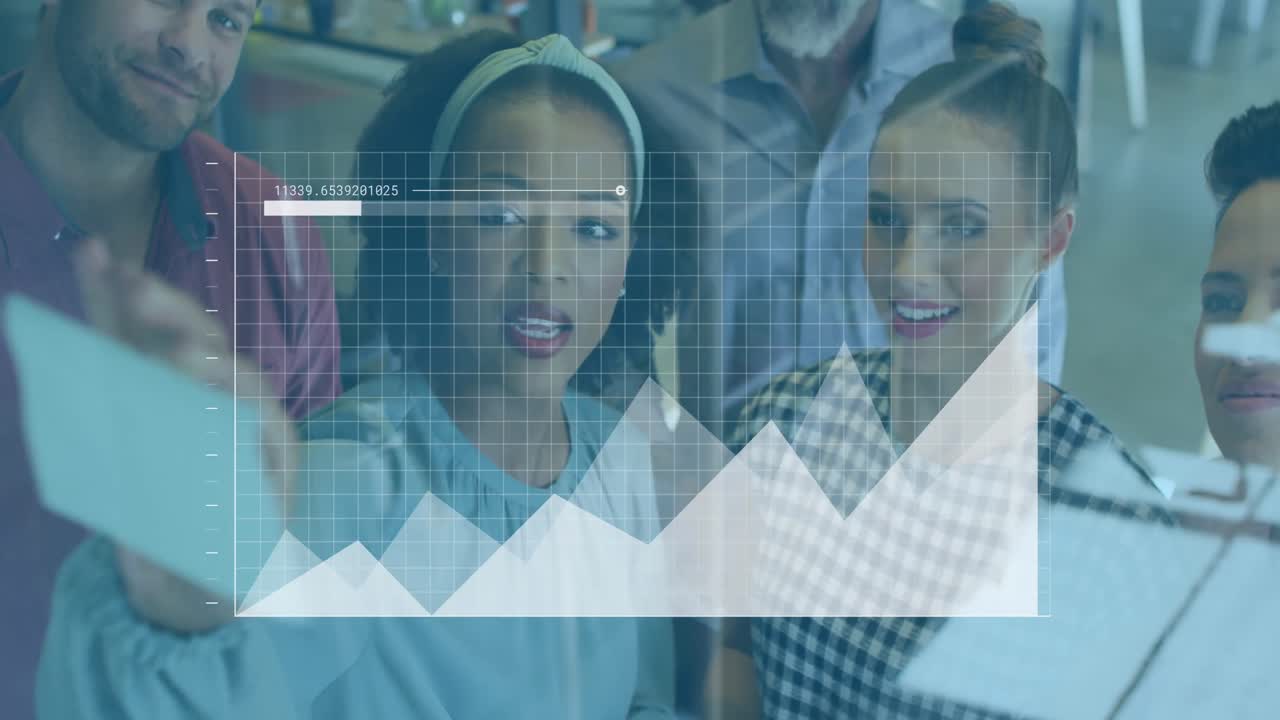 Animation of graphs, loading bar, diverse coworkers discussing strategy on sticky notes