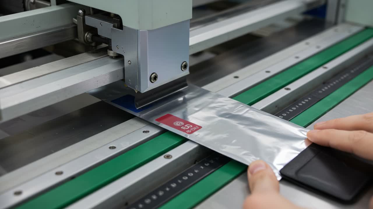 A Detailed Process of Automated Packaging Machinery Applying a Protective Film on a Product, Capturing the Precision and Efficiency of Modern Manufacturing Techniques