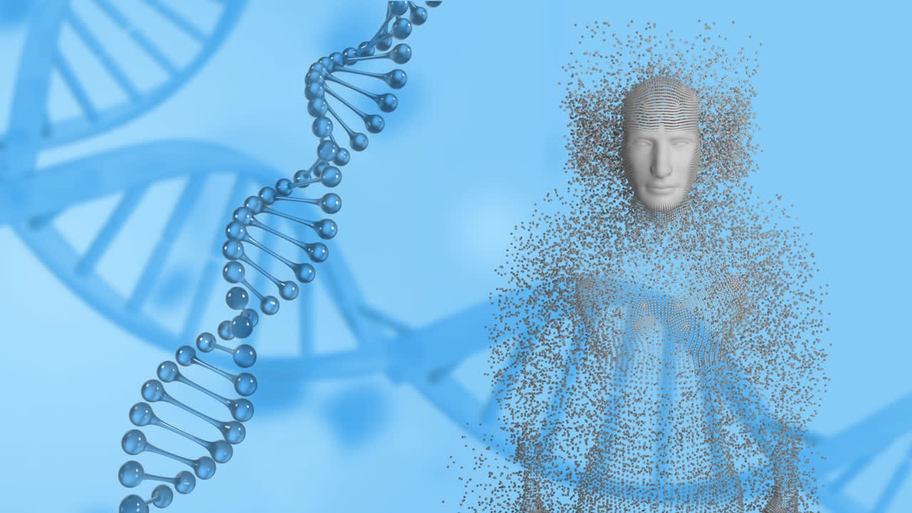 cadena de adn 3d y cuerpo humano en movimiento