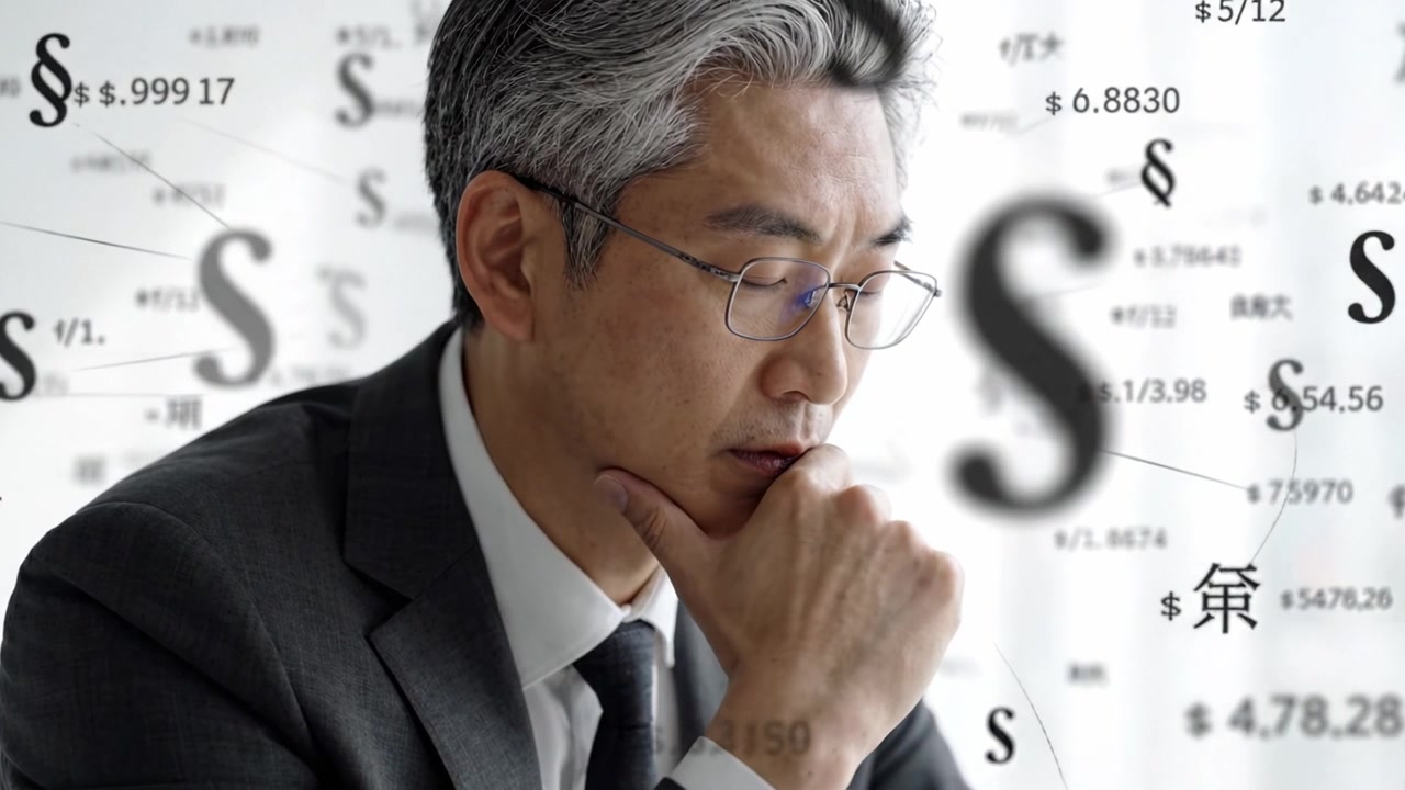 現代のオフィス環境で、深く集中したビジネスマンが財務データを分析し、思慮深い内省を通じて戦略と洞察力のある意思決定を反映しています