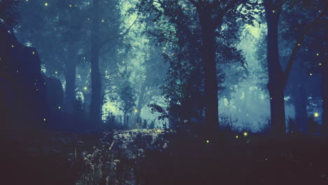 mystical forest illuminated by fireflies during twilight