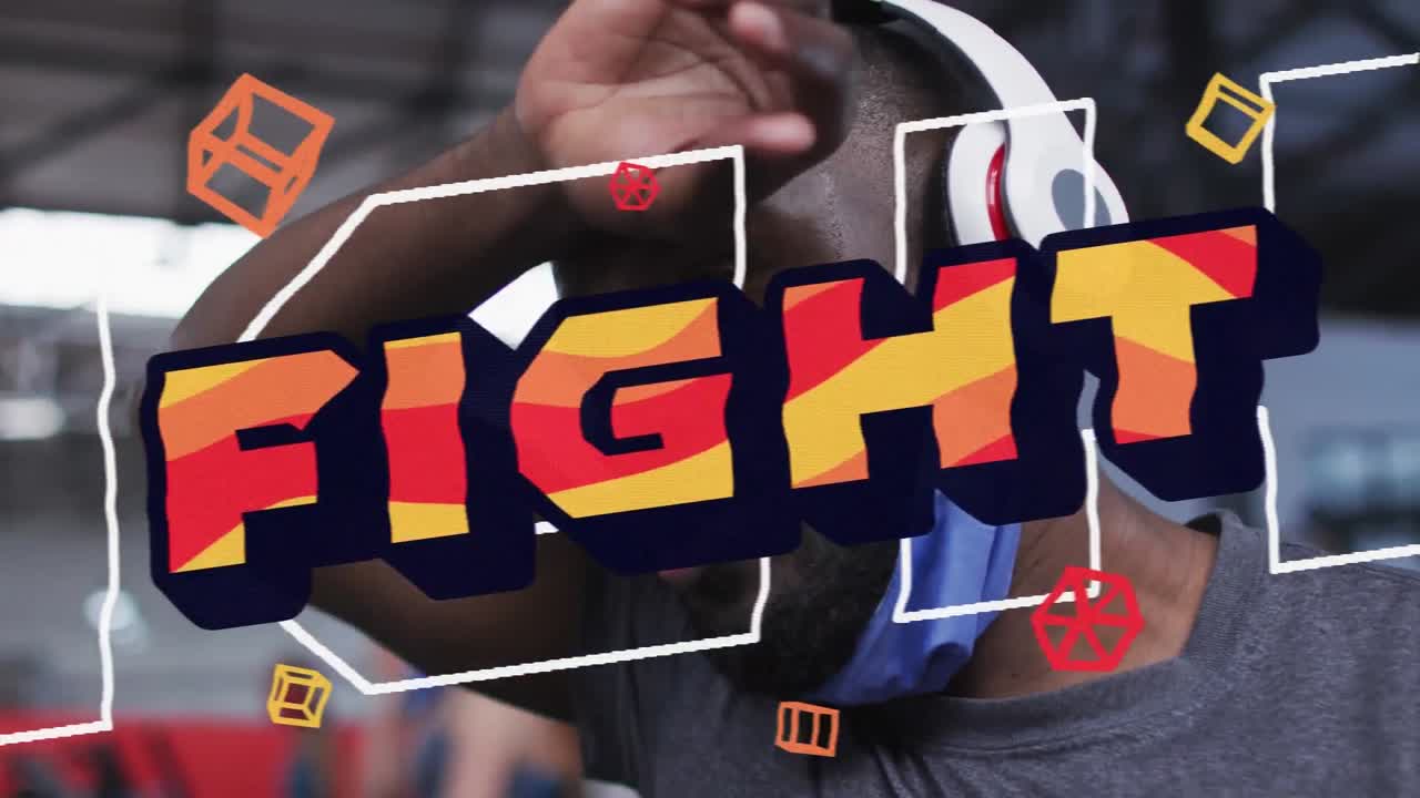 체육관에서 얼굴 마스크를 내려놓은 피곤한 아프리카계 미국인 남자와의 문자 싸움